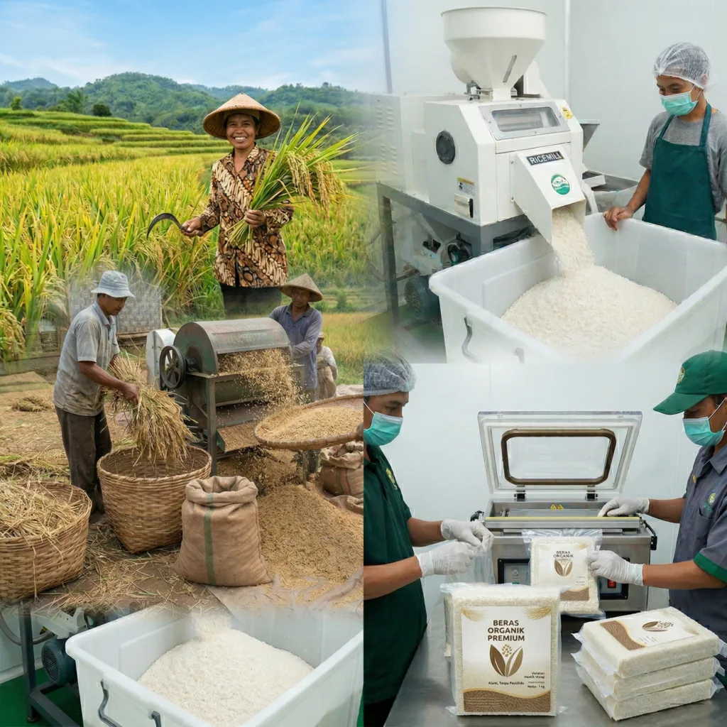 Melakukan Proses Beras Organik dari pagi sampai packaging